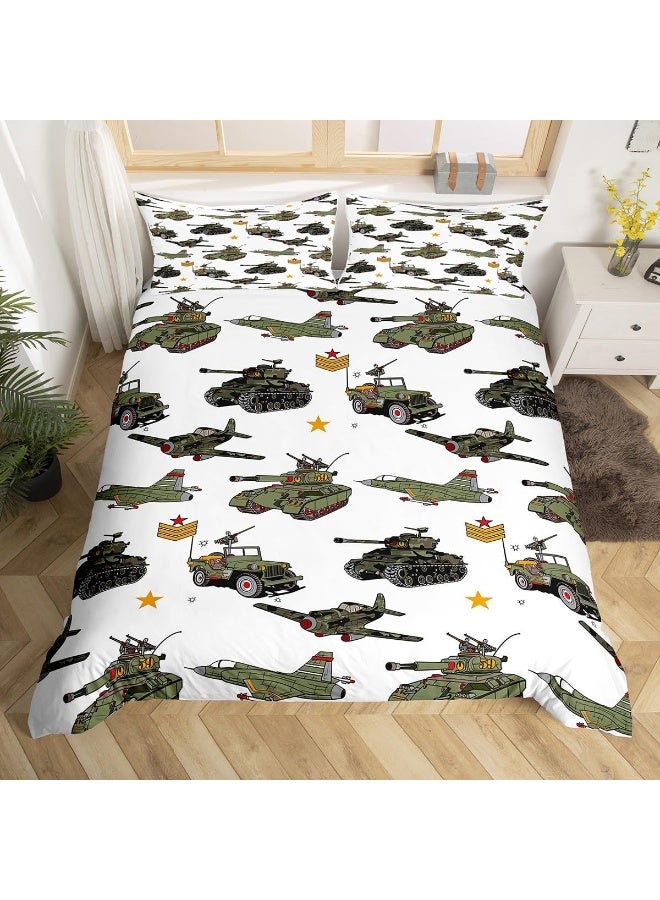 Manfei War Theme Duvet Cover Set Twin Size, Aircraft Tanks Bedding Set 2pcs for Kids Boys Bedroom Decor, Retro Army Green Airplane Tanks Comforter Cover Soft Polyester Quilt Cover with 1 Pillowcase - Image 1